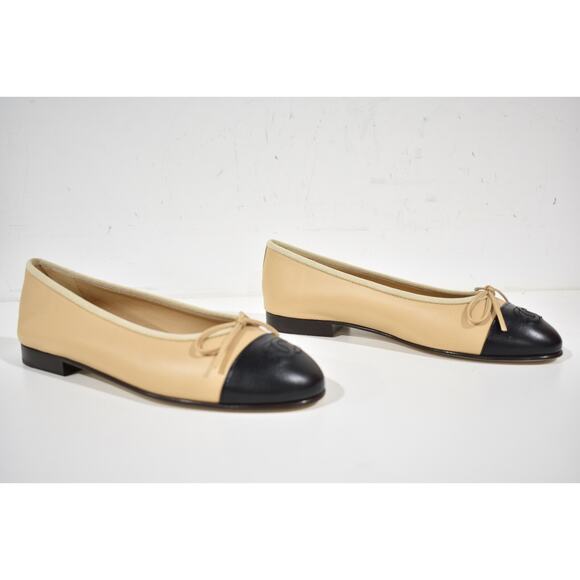 Chanel Beige Black Lambskin Leather CC Logo Bow Tie Ballet Ballerina Flat 37 - Picture 4 of 15
